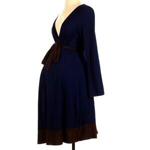 MOTHERHOOD Womens Medium Maternity Dress Long Sleeves‎ V-neck Blue Knee Tie Belt